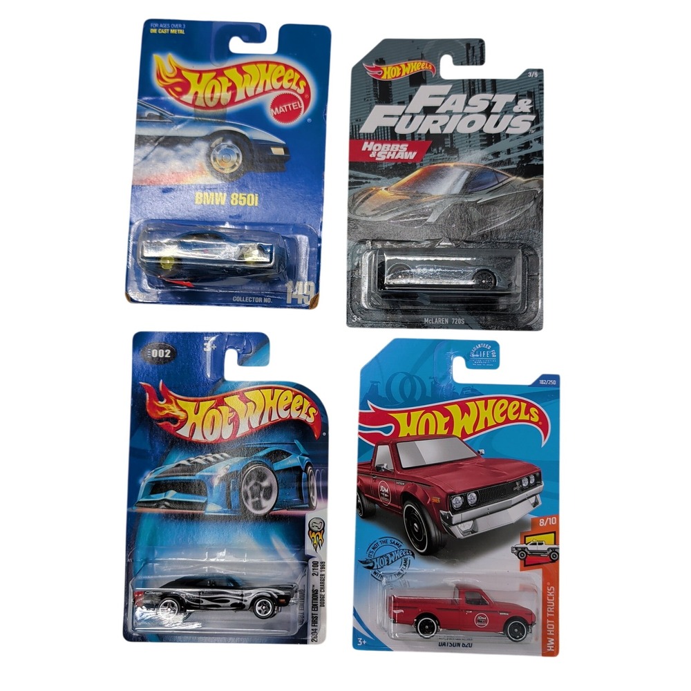 Hot Wheels Lot Datsun 620 Dodge Charger 1969 McLaren 720S BMW 850i 4pk Die-Cast